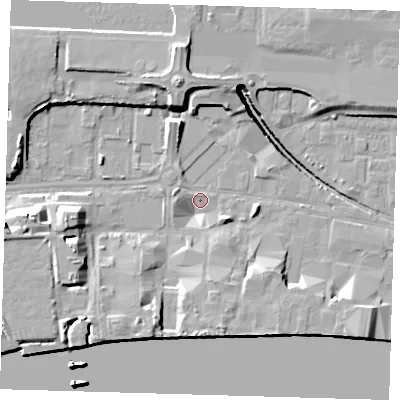 Shaded relief map of the ground around E162ZP, computed from Environment Agency LiDAR. The ground here sits at about 1 m above sea level and falls 17 m across the surrounding 800 m. Surface water reaching this point runs off ground lying to the north, 9.8 m higher.