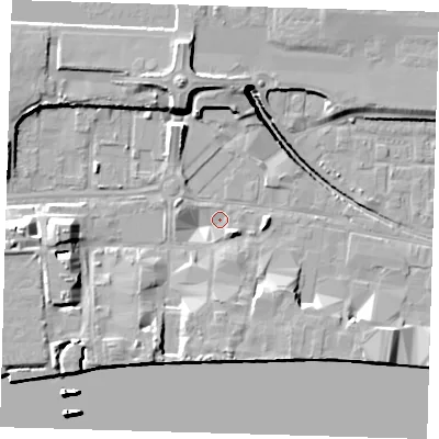 Shaded relief map of the ground around E162ZQ, computed from Environment Agency LiDAR. The ground here sits at about 1 m above sea level and falls 17 m across the surrounding 800 m. Surface water reaching this point runs off ground lying to the north-north-west, 9.8 m higher.