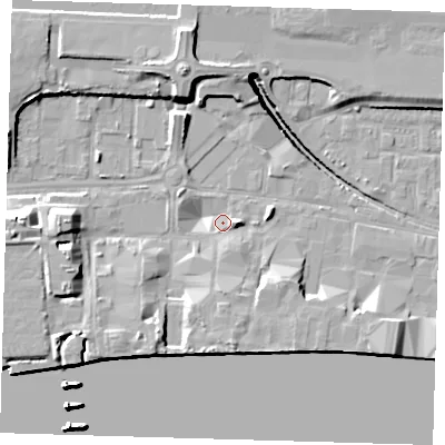 Shaded relief map of the ground around E162ZR, computed from Environment Agency LiDAR. The ground here sits at about 1 m above sea level and falls 25 m across the surrounding 800 m. Surface water reaching this point runs off ground lying to the south, 5.4 m higher.