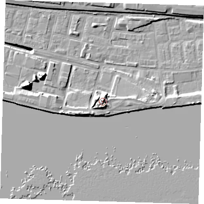 Shaded relief map of the ground around E162ZS, computed from Environment Agency LiDAR. The ground here sits at about 7 m above sea level and falls 17 m across the surrounding 800 m. Surface water reaching this point runs off ground lying to the west-south-west, 5.4 m higher.
