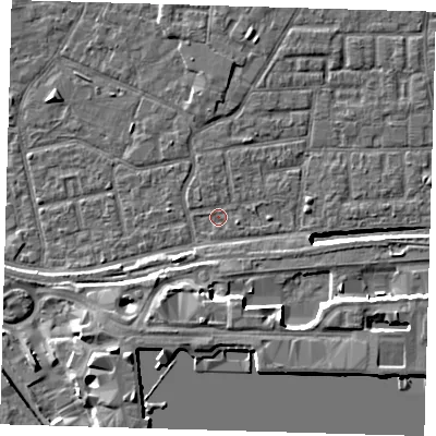 Shaded relief map of the ground around E163AA, computed from Environment Agency LiDAR. The ground here sits at about 1 m above sea level and falls 12 m across the surrounding 800 m. Surface water reaching this point runs off ground lying to the north, 0.8 m higher.