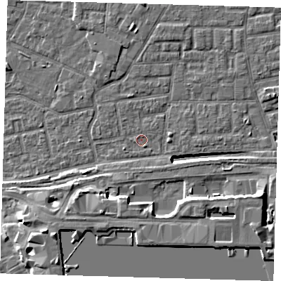 Shaded relief map of the ground around E163AB, computed from Environment Agency LiDAR. The ground here sits at about 1 m above sea level and falls 12 m across the surrounding 800 m. Surface water reaching this point runs off ground lying to the west-south-west, 1.0 m higher.