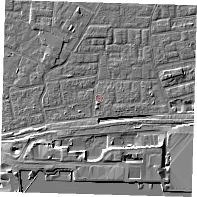 Shaded relief map of the ground around E163AD, computed from Environment Agency LiDAR. The ground here sits at about 1 m above sea level and falls 12 m across the surrounding 800 m. Surface water reaching this point runs off ground lying to the south-west, 7.9 m higher.