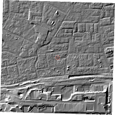 Shaded relief map of the ground around E163AE, computed from Environment Agency LiDAR. The ground here sits at about 1 m above sea level and falls 12 m across the surrounding 800 m. Surface water reaching this point runs off ground lying to the south-south-west, 7.9 m higher.