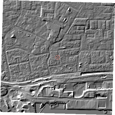 Shaded relief map of the ground around E163AF, computed from Environment Agency LiDAR. The ground here sits at about 2 m above sea level and falls 12 m across the surrounding 800 m. The ground contributing surface water to this point lies to the south-west.