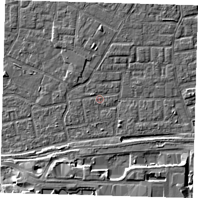 Shaded relief map of the ground around E163AG, computed from Environment Agency LiDAR. The ground here sits at about 1 m above sea level and falls 12 m across the surrounding 800 m. Surface water reaching this point runs off ground lying to the south-south-west, 7.9 m higher.