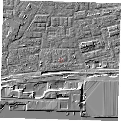 Shaded relief map of the ground around E163AH, computed from Environment Agency LiDAR. The ground here sits at about 2 m above sea level and falls 12 m across the surrounding 800 m. Surface water reaching this point runs off ground lying to the south-south-east, 0.7 m higher.
