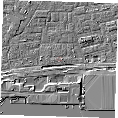 Shaded relief map of the ground around E163AL, computed from Environment Agency LiDAR. The ground here sits at about 2 m above sea level and falls 12 m across the surrounding 800 m. Surface water reaching this point runs off ground lying to the east, 0.7 m higher.