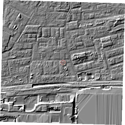 Shaded relief map of the ground around E163AP, computed from Environment Agency LiDAR. The ground here sits at about 1 m above sea level and falls 12 m across the surrounding 800 m. Surface water reaching this point runs off ground lying to the west-south-west, 7.9 m higher.
