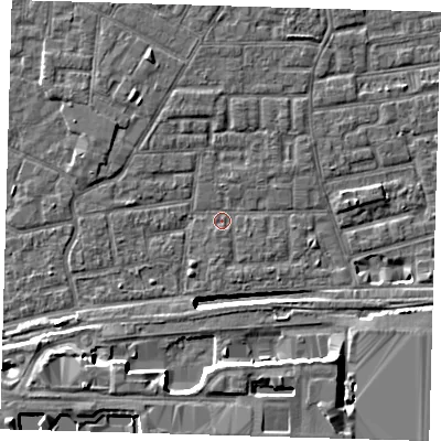 Shaded relief map of the ground around E163AQ, computed from Environment Agency LiDAR. The ground here sits at about 1 m above sea level and falls 12 m across the surrounding 800 m. Surface water reaching this point runs off ground lying to the south-west, 7.9 m higher.