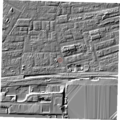 Shaded relief map of the ground around E163AR, computed from Environment Agency LiDAR. The ground here sits at about 1 m above sea level and falls 12 m across the surrounding 800 m. Surface water reaching this point runs off ground lying to the south, 8.5 m higher.