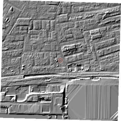 Shaded relief map of the ground around E163AS, computed from Environment Agency LiDAR. The ground here sits at about 1 m above sea level and falls 12 m across the surrounding 800 m. Surface water reaching this point runs off ground lying to the south, 8.5 m higher.