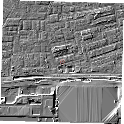 Shaded relief map of the ground around E163AT, computed from Environment Agency LiDAR. The ground here sits at about 1 m above sea level and falls 12 m across the surrounding 800 m. Surface water reaching this point runs off ground lying to the south, 2.8 m higher.