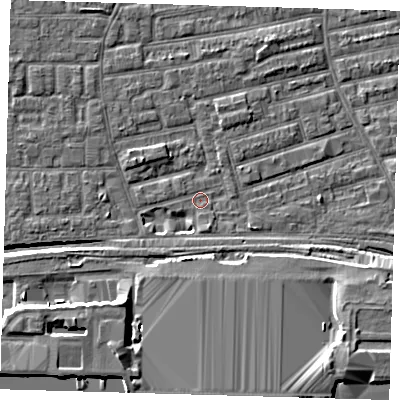 Shaded relief map of the ground around E163AU, computed from Environment Agency LiDAR. The ground here sits at about 1 m above sea level and falls 11 m across the surrounding 800 m. Surface water reaching this point runs off ground lying to the south-west, 2.8 m higher.