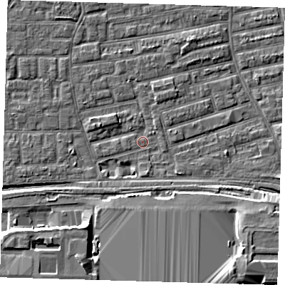 Shaded relief map of the ground around E163AZ, computed from Environment Agency LiDAR. The ground here sits at about 1 m above sea level and falls 11 m across the surrounding 800 m. Surface water reaching this point runs off ground lying to the south-south-west, 2.8 m higher.