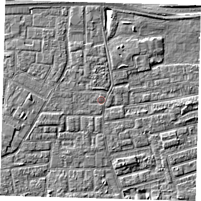 Shaded relief map of the ground around E163BL, computed from Environment Agency LiDAR. The ground here sits at about 2 m above sea level and falls 9 m across the surrounding 800 m. Surface water reaching this point runs off ground lying to the north-north-west, 1.1 m higher.