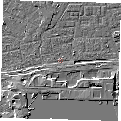 Shaded relief map of the ground around E163BT, computed from Environment Agency LiDAR. The ground here sits at about 2 m above sea level and falls 12 m across the surrounding 800 m. Surface water reaching this point runs off ground lying to the south-west, 2.5 m higher.