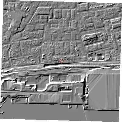 Shaded relief map of the ground around E163BU, computed from Environment Agency LiDAR. The ground here sits at about 2 m above sea level and falls 12 m across the surrounding 800 m. Surface water reaching this point runs off ground lying to the south-west, 6.6 m higher.