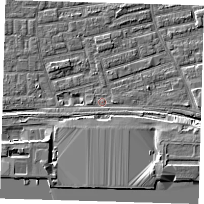 Shaded relief map of the ground around E163BZ, computed from Environment Agency LiDAR. The ground here sits at about 2 m above sea level and falls 10 m across the surrounding 800 m. Surface water reaching this point runs off ground lying to the east, 1.4 m higher.