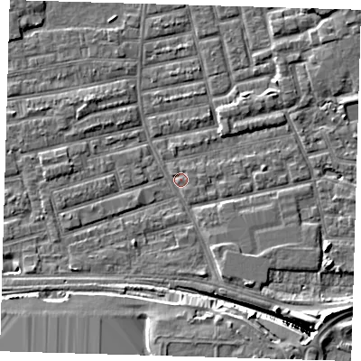 Shaded relief map of the ground around E163DA, computed from Environment Agency LiDAR. The ground here sits at about 1 m above sea level and falls 12 m across the surrounding 800 m. Surface water reaching this point runs off ground lying to the south-east, 11.3 m higher.