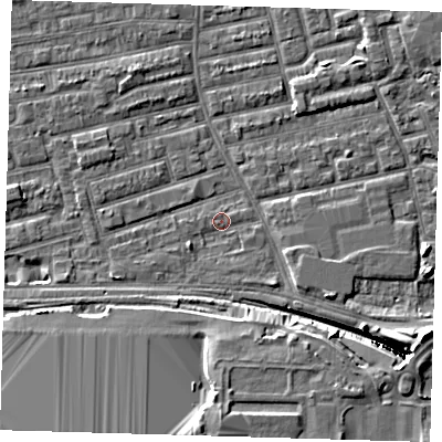 Shaded relief map of the ground around E163DJ, computed from Environment Agency LiDAR. The ground here sits at about 1 m above sea level and falls 12 m across the surrounding 800 m. Surface water reaching this point runs off ground lying to the south, 11.8 m higher.