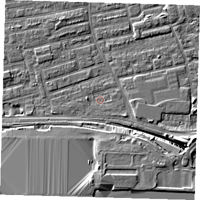 Shaded relief map of the ground around E163DL, computed from Environment Agency LiDAR. The ground here sits at about 1 m above sea level and falls 12 m across the surrounding 800 m. Surface water reaching this point runs off ground lying to the south, 11.8 m higher.
