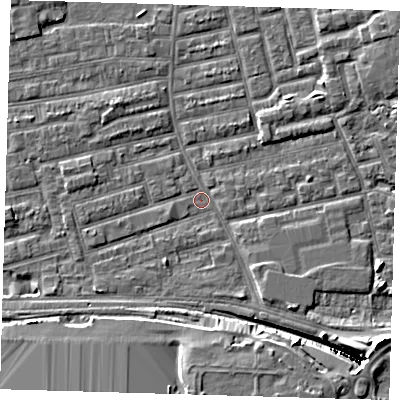 Shaded relief map of the ground around E163DP, computed from Environment Agency LiDAR. The ground here sits at about 1 m above sea level and falls 12 m across the surrounding 800 m. Surface water reaching this point runs off ground lying to the south-east, 11.3 m higher.