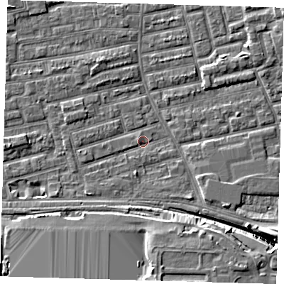 Shaded relief map of the ground around E163DR, computed from Environment Agency LiDAR. The ground here sits at about 1 m above sea level and falls 12 m across the surrounding 800 m. Surface water reaching this point runs off ground lying to the south, 11.7 m higher.
