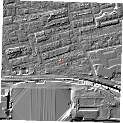 Shaded relief map of the ground around E163DS, computed from Environment Agency LiDAR. The ground here sits at about 1 m above sea level and falls 11 m across the surrounding 800 m. Surface water reaching this point runs off ground lying to the south-south-west, 0.5 m higher.