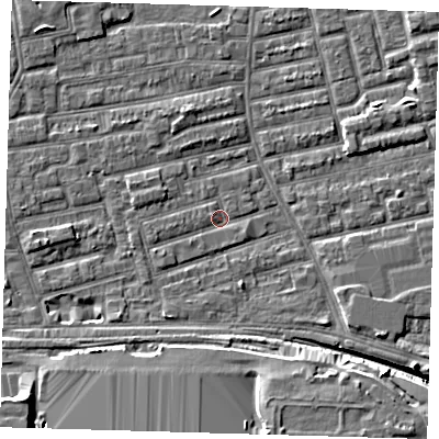 Shaded relief map of the ground around E163DT, computed from Environment Agency LiDAR. The ground here sits at about 1 m above sea level and falls 10 m across the surrounding 800 m. Surface water reaching this point runs off ground lying to the south-east, 3.1 m higher.