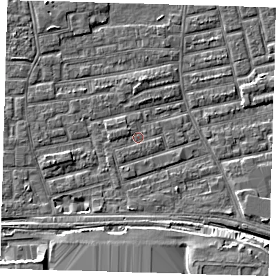 Shaded relief map of the ground around E163DU, computed from Environment Agency LiDAR. The ground here sits at about 1 m above sea level and falls 9 m across the surrounding 800 m. Surface water reaching this point runs off ground lying to the west-north-west, 1.0 m higher.