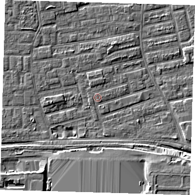 Shaded relief map of the ground around E163DW, computed from Environment Agency LiDAR. The ground here sits at about 2 m above sea level and falls 9 m across the surrounding 800 m. Surface water reaching this point runs off ground lying to the north, 0.6 m higher.