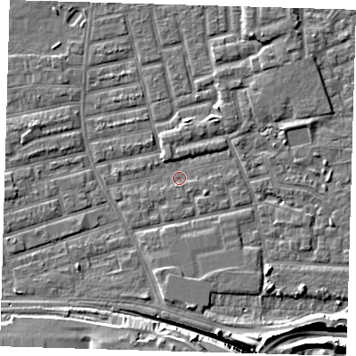 Shaded relief map of the ground around E163DX, computed from Environment Agency LiDAR. The ground here sits at about 1 m above sea level and falls 13 m across the surrounding 800 m. Surface water reaching this point runs off ground lying to the south-east, 3.3 m higher.