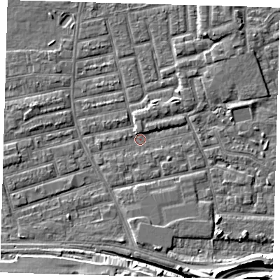 Shaded relief map of the ground around E163DY, computed from Environment Agency LiDAR. The ground here sits at about 1 m above sea level and falls 12 m across the surrounding 800 m. Surface water reaching this point runs off ground lying to the south-east, 3.3 m higher.