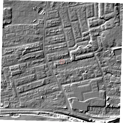 Shaded relief map of the ground around E163DZ, computed from Environment Agency LiDAR. The ground here sits at about 1 m above sea level and falls 10 m across the surrounding 800 m. Surface water reaching this point runs off ground lying to the north-east, 2.5 m higher.