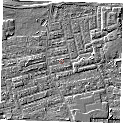 Shaded relief map of the ground around E163EA, computed from Environment Agency LiDAR. The ground here sits at about 1 m above sea level and falls 8 m across the surrounding 800 m. Surface water reaching this point runs off ground lying to the east-north-east, 2.5 m higher.