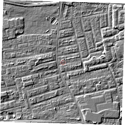 Shaded relief map of the ground around E163EB, computed from Environment Agency LiDAR. The ground here sits at about 1 m above sea level and falls 7 m across the surrounding 800 m. Surface water reaching this point runs off ground lying to the east-north-east, 2.5 m higher.