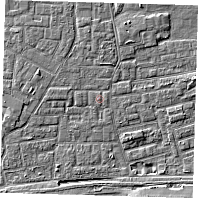 Shaded relief map of the ground around E163EE, computed from Environment Agency LiDAR. The ground here sits at about 2 m above sea level and falls 8 m across the surrounding 800 m. The ground contributing surface water to this point lies to the south-east.