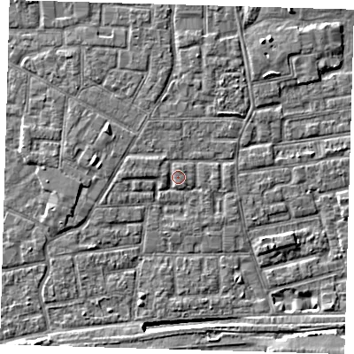 Shaded relief map of the ground around E163EG, computed from Environment Agency LiDAR. The ground here sits at about 2 m above sea level and falls 8 m across the surrounding 800 m. Surface water reaching this point runs off ground lying to the west-north-west, 1.0 m higher.