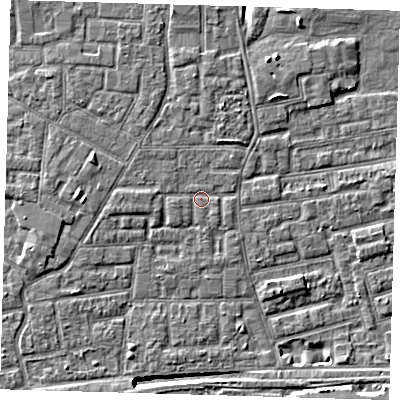 Shaded relief map of the ground around E163EJ, computed from Environment Agency LiDAR. The ground here sits at about 2 m above sea level and falls 8 m across the surrounding 800 m. Surface water reaching this point runs off ground lying to the west, 0.8 m higher.