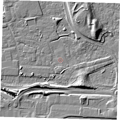 Shaded relief map of the ground around E163ET, computed from Environment Agency LiDAR. The ground here sits at about 2 m above sea level and falls 14 m across the surrounding 800 m. Surface water reaching this point runs off ground lying to the south-south-west, 1.3 m higher.