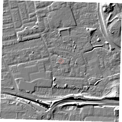 Shaded relief map of the ground around E163EX, computed from Environment Agency LiDAR. The ground here sits at about 2 m above sea level and falls 14 m across the surrounding 800 m. Surface water reaching this point runs off ground lying to the south-east, 0.7 m higher.