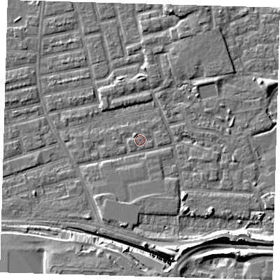 Shaded relief map of the ground around E163EY, computed from Environment Agency LiDAR. The ground here sits at about 2 m above sea level and falls 13 m across the surrounding 800 m. Surface water reaching this point runs off ground lying to the north-west, 0.9 m higher.