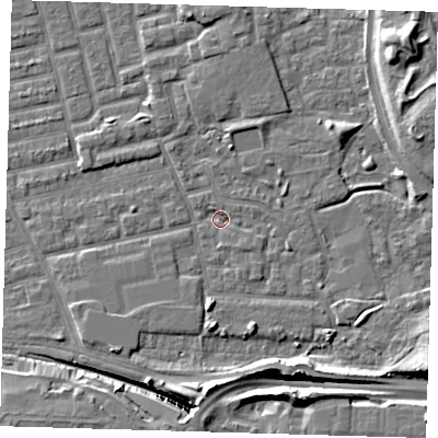 Shaded relief map of the ground around E163EZ, computed from Environment Agency LiDAR. The ground here sits at about 1 m above sea level and falls 14 m across the surrounding 800 m. Surface water reaching this point runs off ground lying to the south-east, 1.7 m higher.
