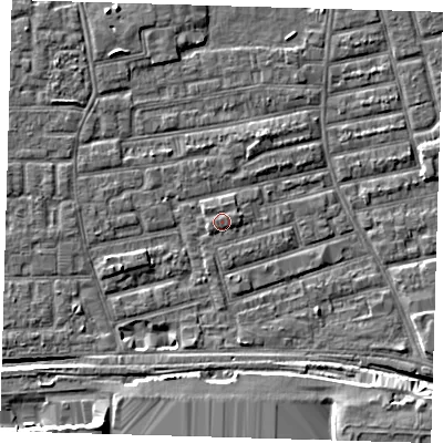 Shaded relief map of the ground around E163GZ, computed from Environment Agency LiDAR. The ground here sits at about 2 m above sea level and falls 9 m across the surrounding 800 m. The ground contributing surface water to this point lies to the east-north-east.
