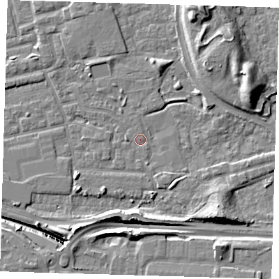 Shaded relief map of the ground around E163HA, computed from Environment Agency LiDAR. The ground here sits at about 2 m above sea level and falls 14 m across the surrounding 800 m. Surface water reaching this point runs off ground lying to the west, 1.3 m higher.