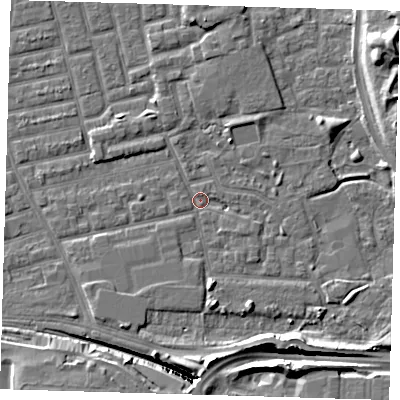 Shaded relief map of the ground around E163HD, computed from Environment Agency LiDAR. The ground here sits at about 2 m above sea level and falls 14 m across the surrounding 800 m. Surface water reaching this point runs off ground lying to the north-north-east, 2.0 m higher.