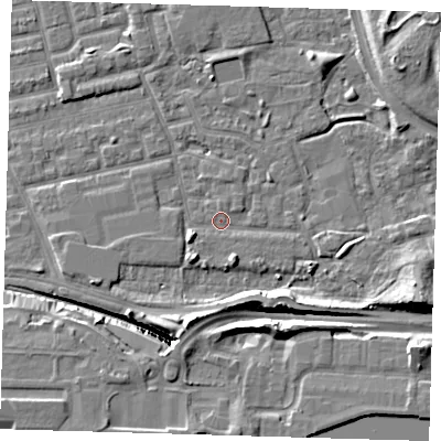 Shaded relief map of the ground around E163HE, computed from Environment Agency LiDAR. The ground here sits at about 2 m above sea level and falls 13 m across the surrounding 800 m. Surface water reaching this point runs off ground lying to the south-south-east, 2.6 m higher.