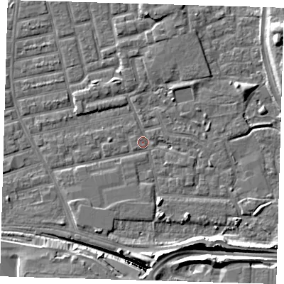 Shaded relief map of the ground around E163HJ, computed from Environment Agency LiDAR. The ground here sits at about 2 m above sea level and falls 13 m across the surrounding 800 m. Surface water reaching this point runs off ground lying to the north-east, 2.0 m higher.