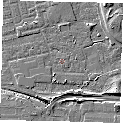 Shaded relief map of the ground around E163HL, computed from Environment Agency LiDAR. The ground here sits at about 2 m above sea level and falls 13 m across the surrounding 800 m. Surface water reaching this point runs off ground lying to the north-east, 1.0 m higher.